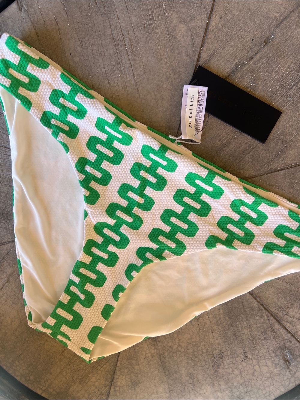 Gianni Bini White Bikini Bottom with Green Chain-Link Print B25